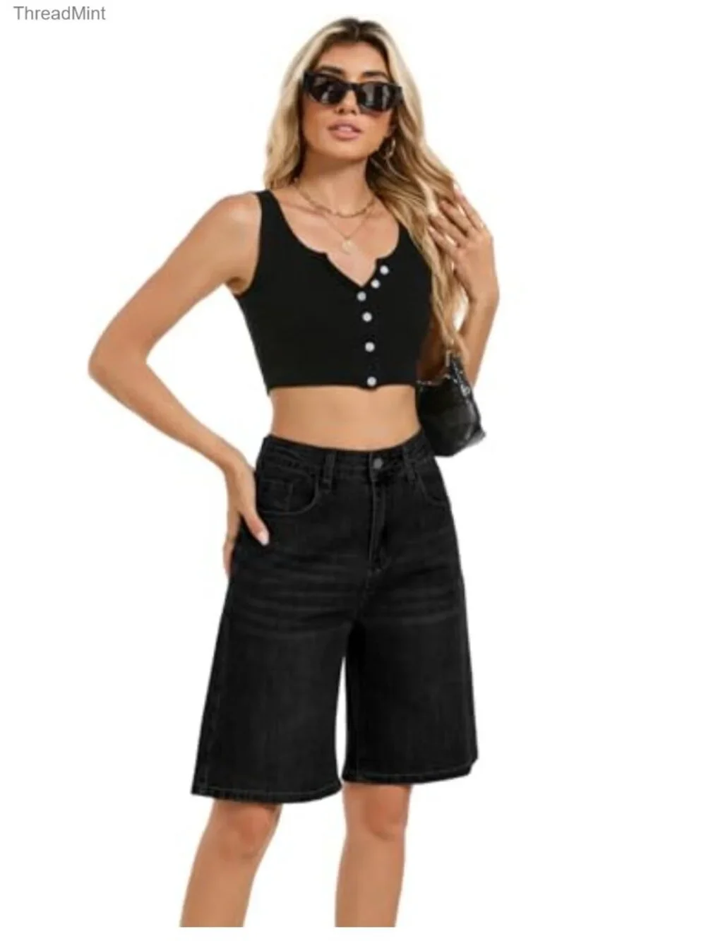 Stretchy High Waisted Bermuda Denim Shorts for Women Baggy Jorts Long Jean